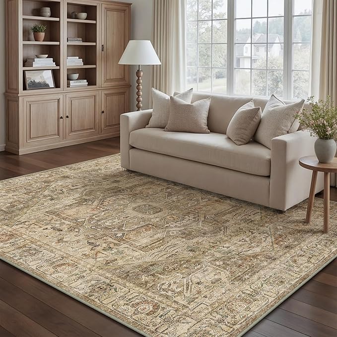 Brown Multi Area Rug 6x9 Vintage Washable Distressed Living Room Carpet Large Indoor Non Slip Traditional Medallion Retro Low Pile Accent Throw Rug Bedroom Kitchen Office Dining Room