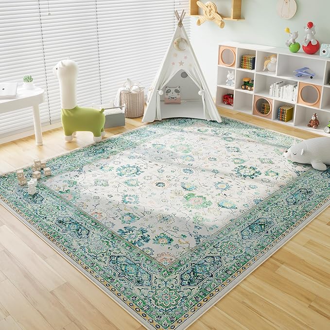 Area Rugs 8x10 Rug for Living Room Clearance Washable Boho Area Rug Non Slip Soft Vintage Low Pile Large Rug for Living Room, Bedroom, Farmhouse, Dining Room, Kids Playroom(Green)