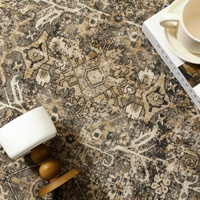 Brown Round Area Rug 5ft Washable 5x5 Circle Vintage Low Pile Indoor Kitchen Living Room Carpet Non Slip Traditional Distressed Retro Accent Throw Rug Office Dining Room Bathroom