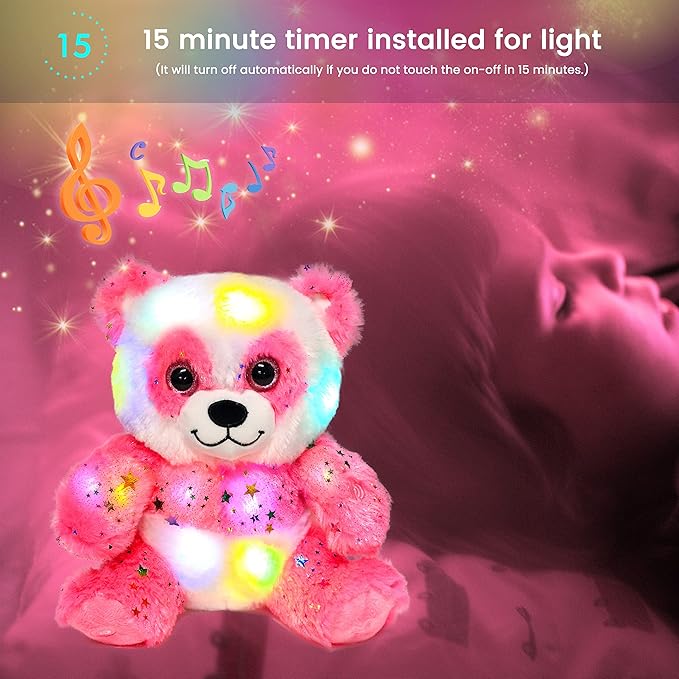 Hopearl LED Musical Plush Panda Lighting Up Singing Stuffed Toy Adjustable Volume Lullaby Animated Soothe Birthday Festival for Kids, Pink, 10.5''