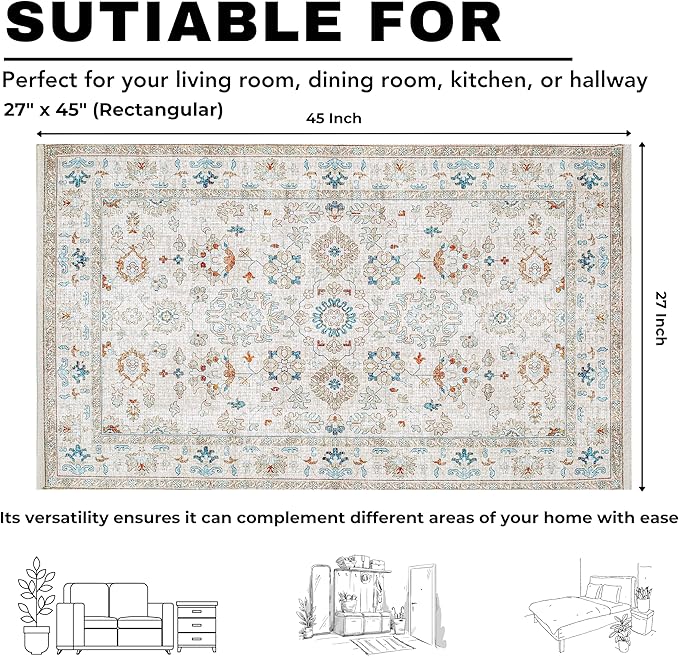 Washable Soft Small Boho Area Rugs, Rags Rug, Printed Carpet Chennile Rugs for Living Room 27x45 inch Cream Rust Multi,Machine Washable Printed Rugs - 30% Cotton, 70% Polyester