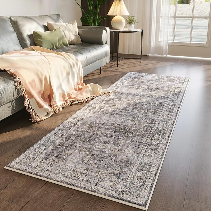 Runner Rug for Hallways Kitchen Non Slip 2'x 6' Washable Rugs with Rubber Backing Soft Floral Carpet for Hallways, Kitchen, Laundry, Bedroom, Bathroom(Grey and Brown)