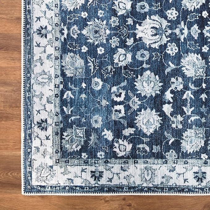 Bloom Rugs Washable Non-Slip 6' x 9' Rug - Dark Blue Traditional Bordered Area Rug for Living Room, Bedroom, Dining Room, and Kitchen - Exact Size: 6' x 9'