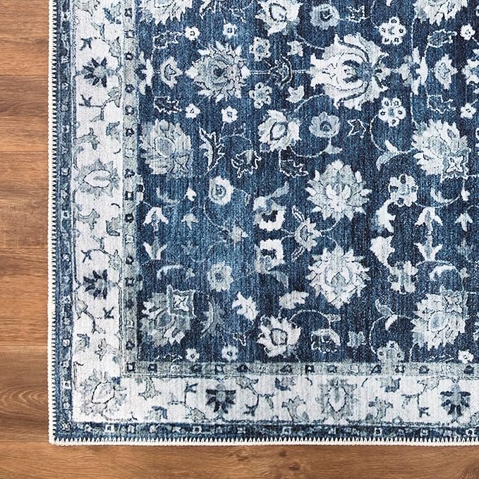Bloom Rugs Washable Non-Slip 7 ft Runner - Dark Blue Traditional Bordered Runner for Entryway, Hallway, Bathroom, and Kitchen - Exact Size: 2.5' x 7'