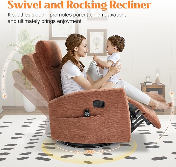 Manual Swivel Rocker Recliner Chair with Massage, Overstuffed Recliner Glider with Vibration Massage and Heat for Nursery, Living Room Reclining Sofa Chair, Fabric Orange