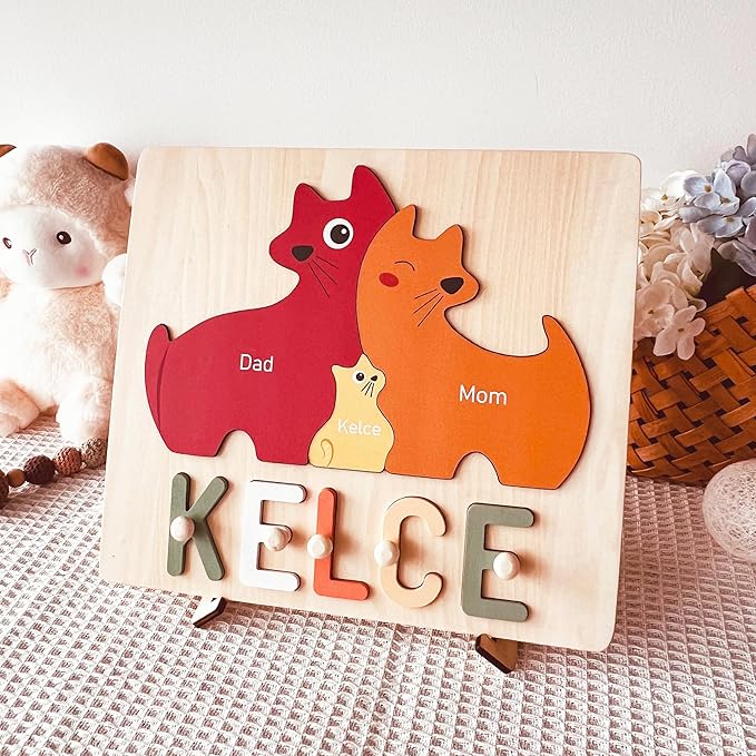 Name Puzzles for Kids Personalized Wooden Name Puzzles for Toddlers 1-3, Personalized Puzzle Cat Family Puzzle for Home Decor, First Birthday Gifts for Boys Girls, Personalized Gifts for Mom Dad Kids