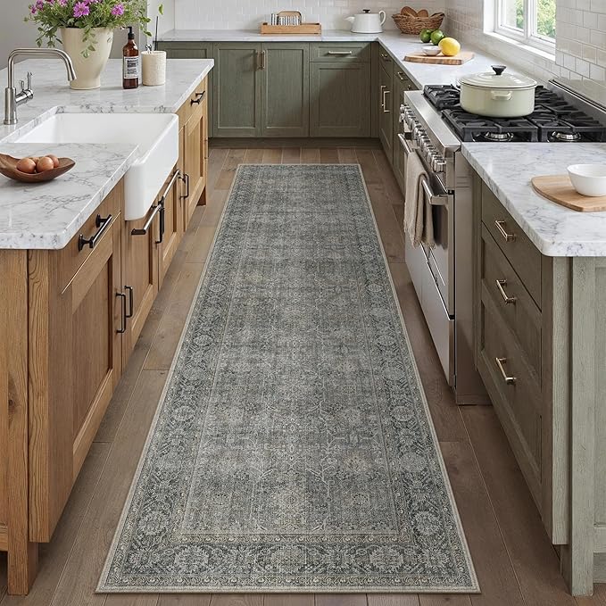 Grey Brown Runner Rug 2x8 Vintage Carpet Hallway Long Indoor Kitchen Washable Living Room Low Pile Traditional Distressed Retro Accent Throw Rug Non Slip Laundry Bathroom Office Dining Room