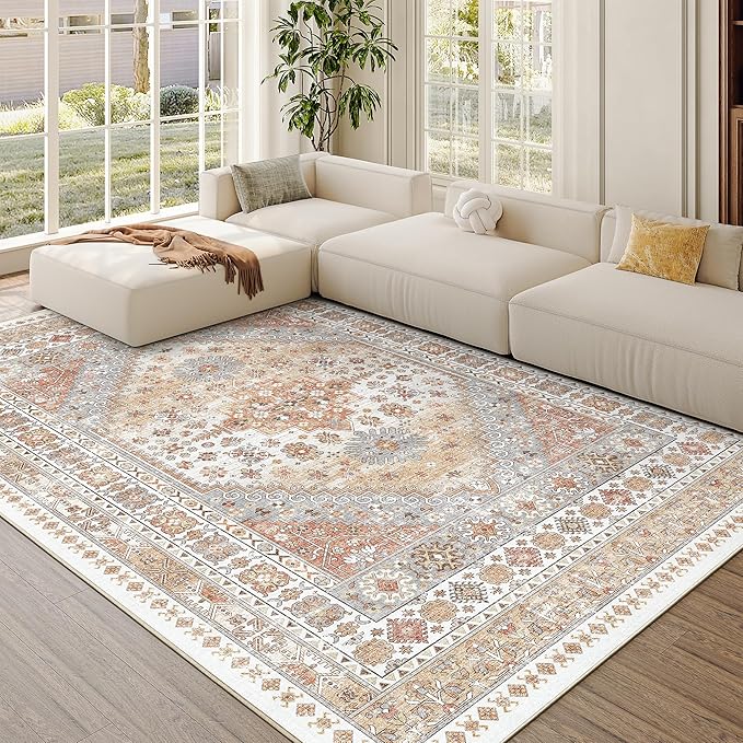 zesthome 7x9 Area Rug, Super Soft Washable Rugs for Living Room, Non-Slip Stain Resistant Vintage Rugs, Ultra-Thin Large Area Rugs (Orange,7'x9')