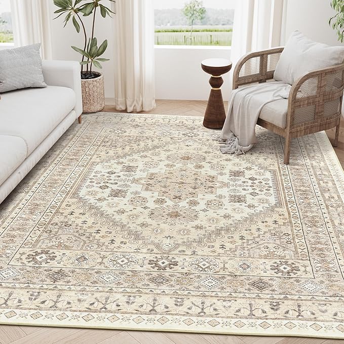 zesthome 3x5 Rug Ultra Soft Washable Rug, Non Slip Area Rug Indoor Entrance, Stain Resistant Rugs for Living Room Bedroom, Vintage Home Decor Area Rugs (Cream/Beige,3'x5')