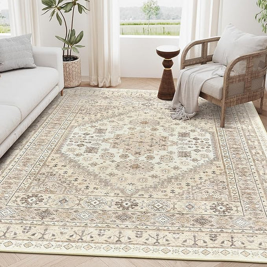 zesthome 3x5 Rug Ultra Soft Washable Rug, Non Slip Area Rug Indoor Entrance, Stain Resistant Rugs for Living Room Bedroom, Vintage Home Decor Area Rugs (Cream/Beige,3'x5')