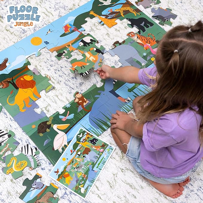 Giant Floor Puzzles for Kids 48 Pieces - BONNYCO | Jungle Animals Jumbo Floor Puzzle | Safari Large Piece Jigsaw Ages 2 3 4 5 6 7 8 | Educational Kids Toys, Gifts for Boys and Girls Birthday Christmas