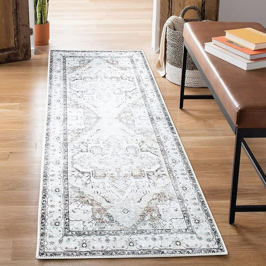 Bloom Rugs Washable Non-Slip 7 ft Runner - Brown/Beige/Charcoal Traditional Runner for Entryway, Hallway, Bathroom, and Kitchen - Exact Size: 2.5' x 7'