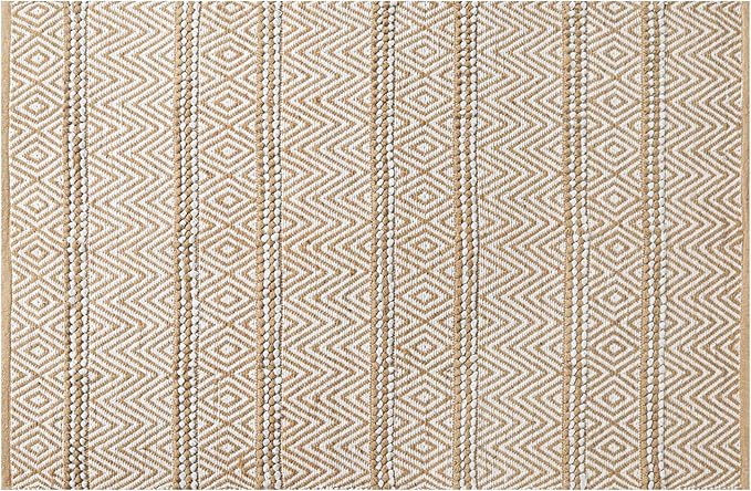 Natural Jute Cotton Area Rug 5x7 FT - Machine Washable, Neutral Ivory, Durable Eco-Friendly Farmhouse Living Room Bedroom Carpet - 70% Jute 30% Cotton Textured Stripe Entryway Rug