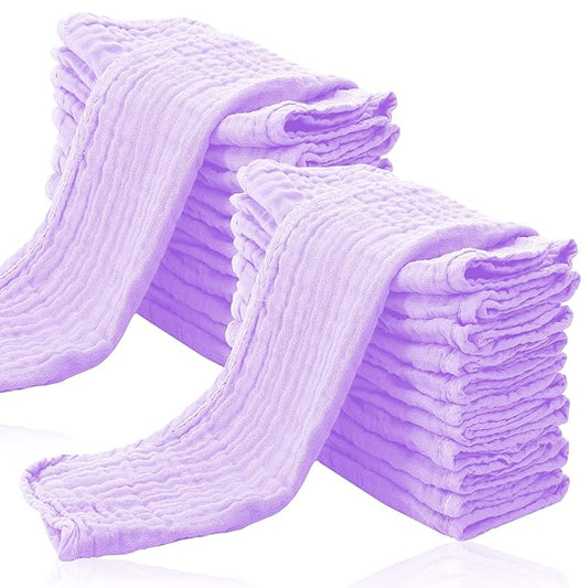 24 Pack Muslin Burp Cloths for Baby - Ultra-Soft 100% Cotton Baby Washcloths - Large 20'' by 10'' Super Absorbent Milk Spit Up Rags - Burpy Cloths for Unisex, Boy, Girl - Purple
