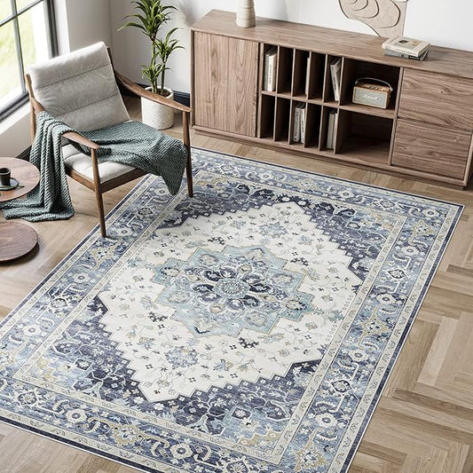 Dripex Vintage Washable Area Rug - 5x8 Distressed Rugs for Living Room Bedroom Oriental Medallion Floral Print Carpet Low-Pile Indoor Soft Non-Slip Accent Rug Farmhouse Office Home Decor
