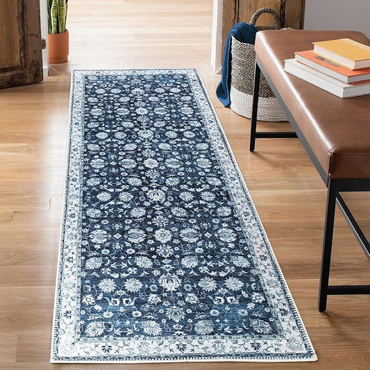 Bloom Rugs Washable Non-Slip 7 ft Runner - Dark Blue Traditional Bordered Runner for Entryway, Hallway, Bathroom, and Kitchen - Exact Size: 2.5' x 7'