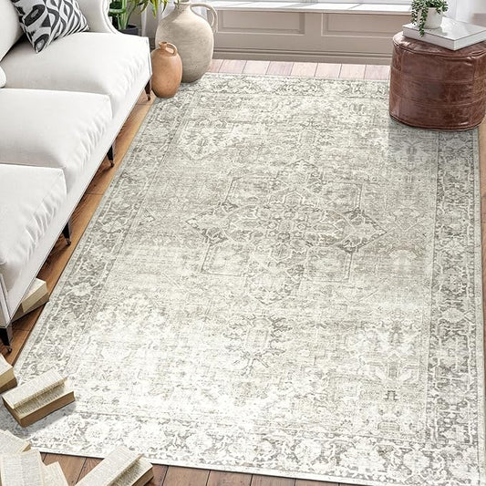 ReaLife Rugs Machine Washable Area Rug - Living Room Bedroom Bathroom Kitchen Entryway Office - Padded Low Pile Stain Resistant Premium - Boho Farmhouse Vintage - Lyle - Beige Ivory 7'6" x 9'6"