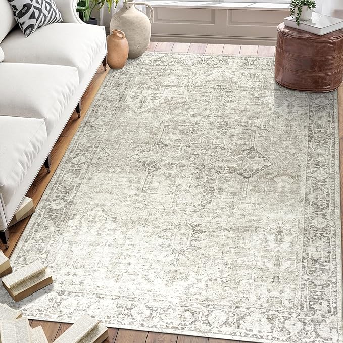 ReaLife Rugs Machine Washable Area Rug - Living Room Bedroom Bathroom Kitchen Entryway Office - Padded Low Pile Stain Resistant Premium - Boho Farmhouse Vintage - Lyle - Beige Ivory 6' Round