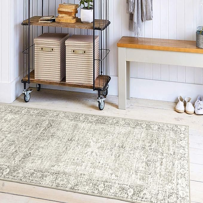 ReaLife Rugs Machine Washable Area Rug Runner - Living Room Bedroom Bathroom Kitchen Entryway Office - Padded Low Pile Stain Resistant Premium - Boho Farmhouse Vintage - Lyle - Beige Ivory 2'6" x 6'