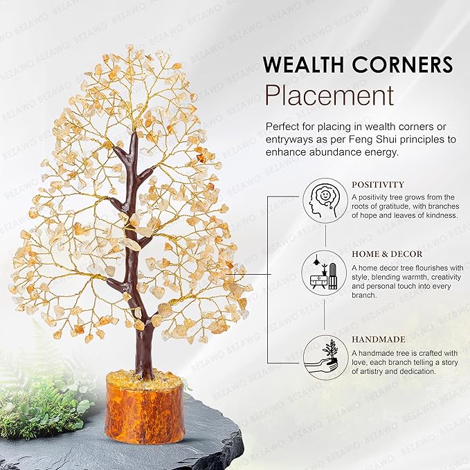 Crocon Citrine Gemstone Tree Feng Shui Figurine Money Bonsai Chakra Balancing Good Luck Prosperity Reiki Healing Crystals Decoration Ornament Sculpture Table Decor Gift Size 10-12"