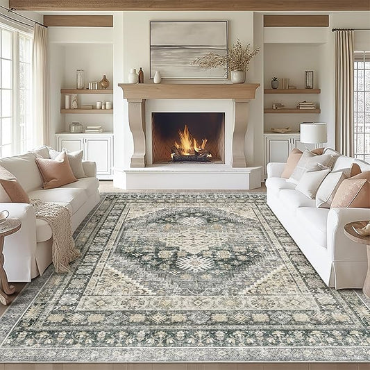 zesthome 8x10 Area Rugs for Living Room,Non-Slip Backing Washable Rugs,Vintage Large Area Rug，Stain Resistant Home Decor Rug (Wheat/Charcoal,8'x10')