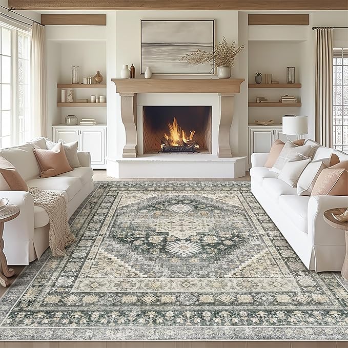 zesthome 6x9 Area Rug, Super Soft Washable Rugs for Living Room, Non-Slip Stain Resistant Vintage Rugs, Ultra-Thin Large Area Rugs (Wheat/Charcoal,6'x9')
