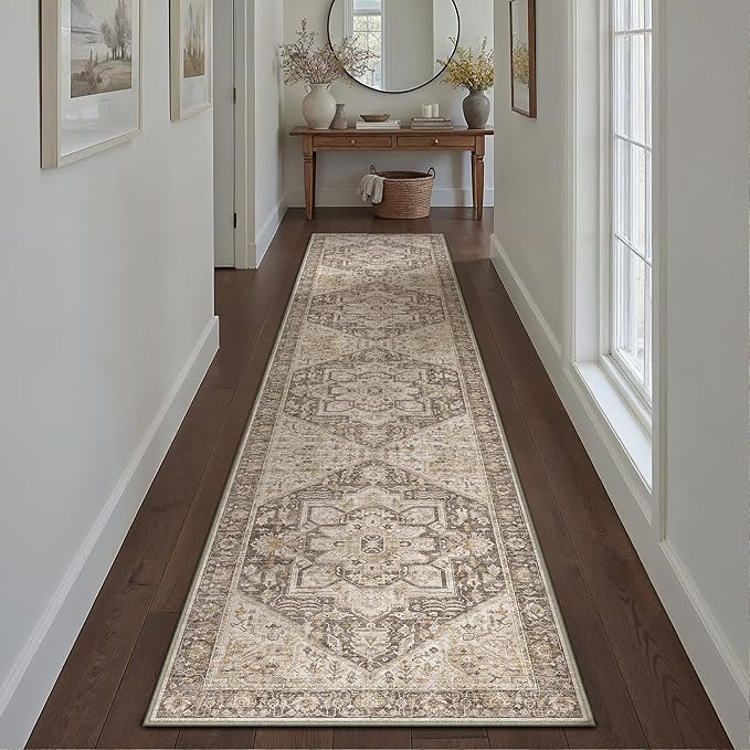 Taupe Brown Hallway Runner Rug 3x8 Vintage Washable Distressed Area Carpet Kitchen Indoor Non Slip Long Traditional Medallion Retro Accent Throw Rug for Bedroom Laundry Dining Living Room
