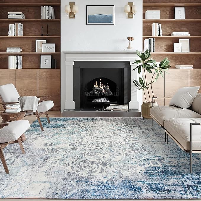 ReaLife Rugs Machine Washable Area Rug - Living Room Bedroom Bathroom Kitchen Entryway Office - Padded Low Pile Stain Resistant Premium - Boho Vintage Bohemian - Blair - Grey 5' x 7'