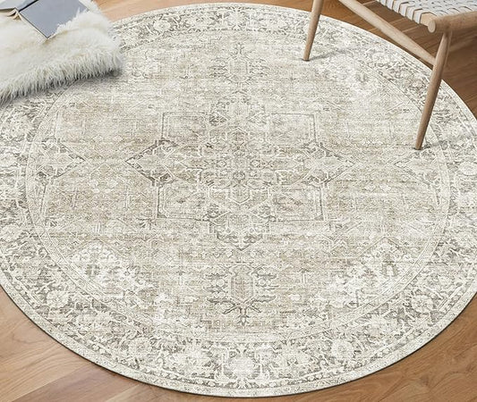 ReaLife Rugs Machine Washable Area Rug - Living Room Bedroom Bathroom Kitchen Entryway Office - Padded Low Pile Stain Resistant Premium - Boho Farmhouse Vintage - Lyle - Beige Ivory 6' Round