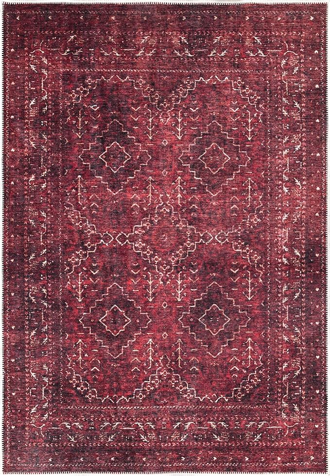 Bloom Rugs Washable Non-Slip 5' x 7' Rug - Dark Red Traditional Bordered Area Rug for Living Room, Bedroom, Dining Room, and Kitchen - Exact Size: 5' x 7'