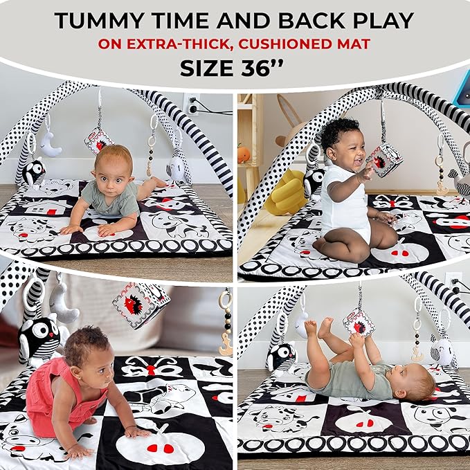 QUOKKA Padded Baby Mat for Floor Tummy Time - Super Soft Black&White Play Mat for Kids Toddlers & Infants - 6 Toys | Thick Pad | Machine Washable | Black White Colors for Vision Development
