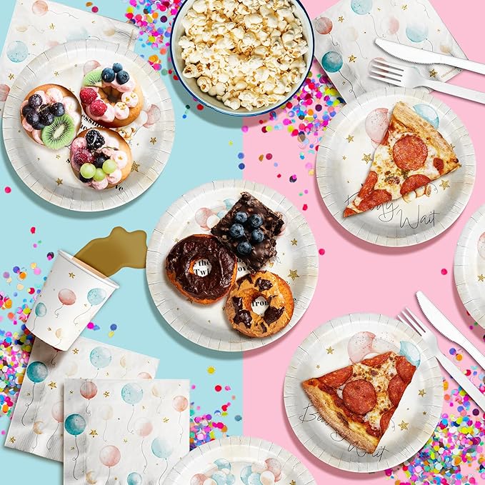 Birthday Galore Twin Teddy Bears Party Supplies - 64 Piece Twins Baby Shower Tableware Set Includes Large 9" Dinner Plates and 8" Dessert Paper Plates Napkins Cups - Kit for 16