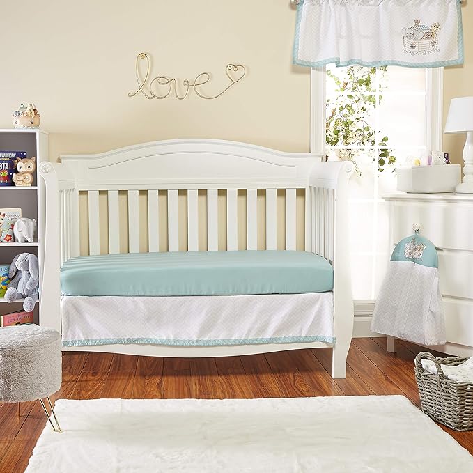 Precious Moments Noah’s Ark Fitted Crib Sheet 2 Pack for Baby Boy by Everyday Kids; 1 Animals on the Ark Printed Crib Sheet and 1 Solid Bright Green; Adorable Wildlife Elephants, Giraffes, Bears Print