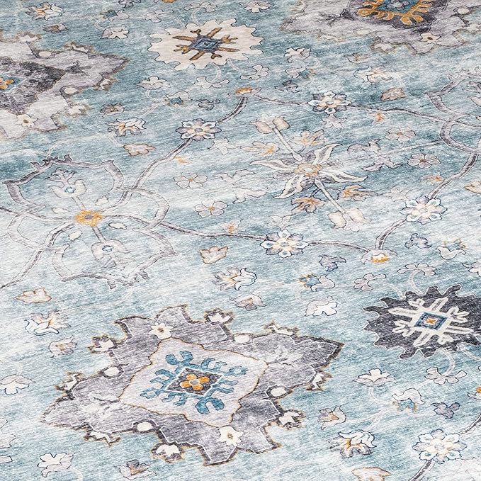 ReaLife Rugs Machine Washable Area Rug - Living Room Bedroom Bathroom Kitchen Entryway Office - Padded Low Pile Stain Resistant Premium - Boho Farmhouse Vintage - BEV - Blue Ivory 5' x 7'