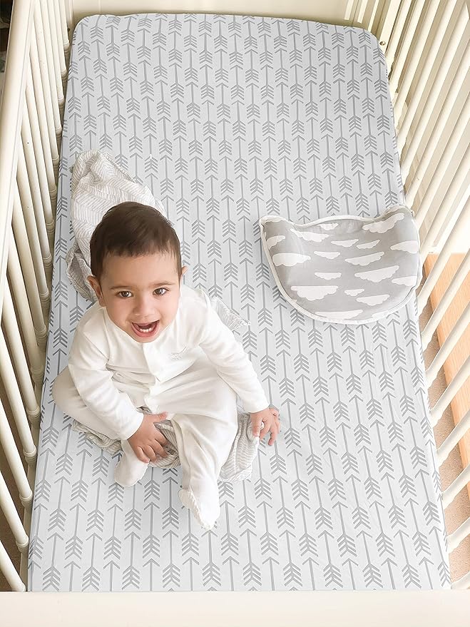BaeBae Goods Crib Sheets for Baby Boys and Girls, 4 Pack, Soft and Breathable Jersey Knit Fitted Sheet Set, Cute Gender Neutral Nursery Mattress Bedding, Universal Fit (Grey Triangles)