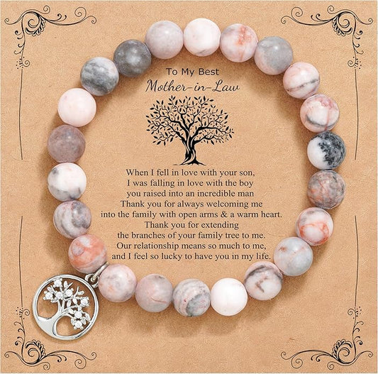 QWNHONEY Mothers Day Gift for Grandma Mom Mother in Law Sister in Law Bonus mom Granny Nana Valentine's Day Birthday Anniversary Pink Red Natural Stone Tree of Life Bracelet