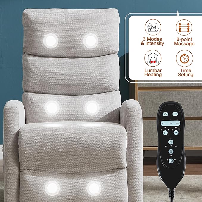 Manual Swivel Rocker Recliner Chair with Massage, Overstuffed Recliner Glider with Vibration Massage and Heat for Nursery, Living Room Reclining Sofa Chair, Fabric Light Gray