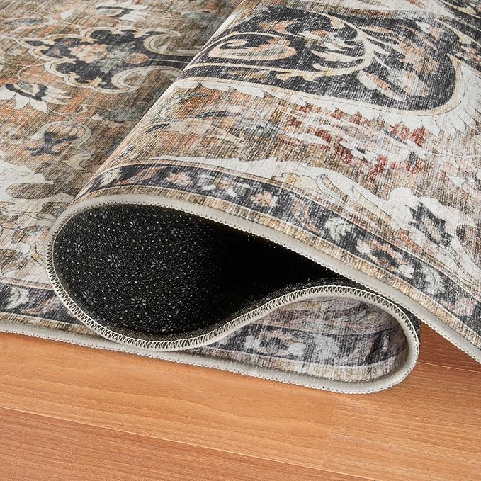 ReaLife Rugs Machine Washable Area Rug - Living Room Bedroom Bathroom Kitchen Entryway Office - Non Slip Low Pile Stain Resistant Premium - Boho Farmhouse Vintage - Joy - Brown Beige 4' Round