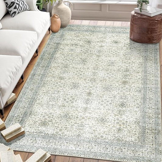 ReaLife Rugs Machine Washable Area Rug Runner - Living Room Bedroom Bathroom Kitchen Entryway Office - Padded Low Pile Stain Resistant Premium - Boho Farmhouse Vintage - BEV - Green 3' x 5'