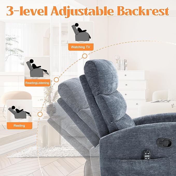 Manual Swivel Rocker Recliner Chair with Massage, Overstuffed Recliner Glider with Vibration Massage and Heat for Nursery, Living Room Reclining Sofa Chair, Fabric Blue