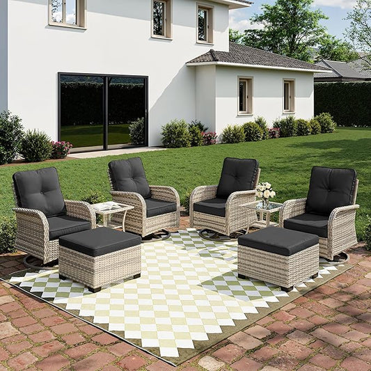 8-Piece Small Patio Furniture Set, Outdoor Swivel Rocking Chairs Set with Ottomans, Patio Bistro Set for Balcony, Deck, Porch, Black