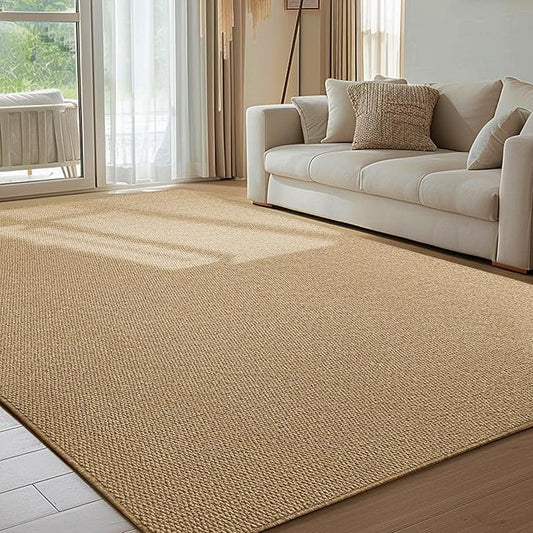 Carvapet 6x9 Solid Rugs for Living Room Bedroom, Washable Natural Low Pile Jute Carpet with Rubber Backing, Foldable, Non Slip Thin Area Rug