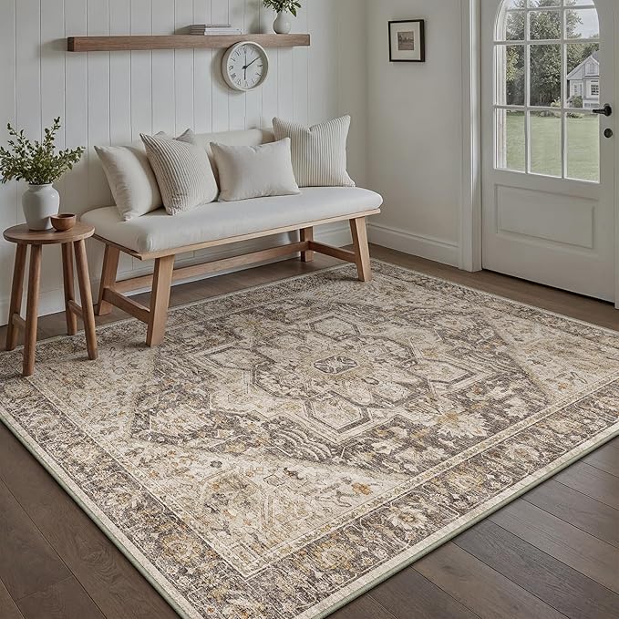 Taupe Brown Area Rug 4x6 Vintage Office Washable Distressed Kitchen Carpet Non Slip Soft Indoor Traditional Medallion Retro Accent Throw Rug for Entryway Bedroom Dining Living Room