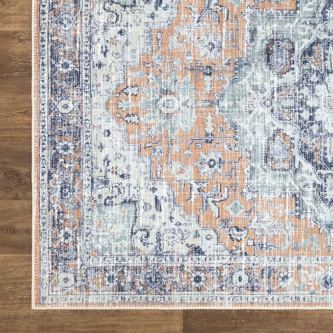 Bloom Rugs Washable Non-Slip 7 ft Runner - Peach/Blue Traditional Runner for Entryway, Hallway, Bathroom, and Kitchen - Exact Size: 2.5' x 7'