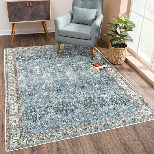 Bloom Rugs Washable Non-Slip 8' x 10' Rug - Blue/Beige Traditional Area Rug for Living Room, Bedroom, Dining Room, and Kitchen - Exact Size: 8' x 10'