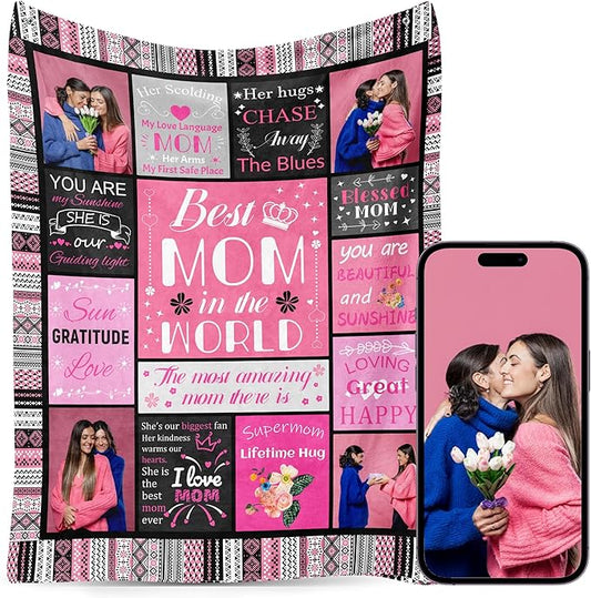 Personalized Mothers Day Birthday for Mom Custom Throw Blanket with Pictures, Customized Photo Blankets Gift for Mom Women Grandma Wife from Daughter Son Kids Husband(mom Grid)