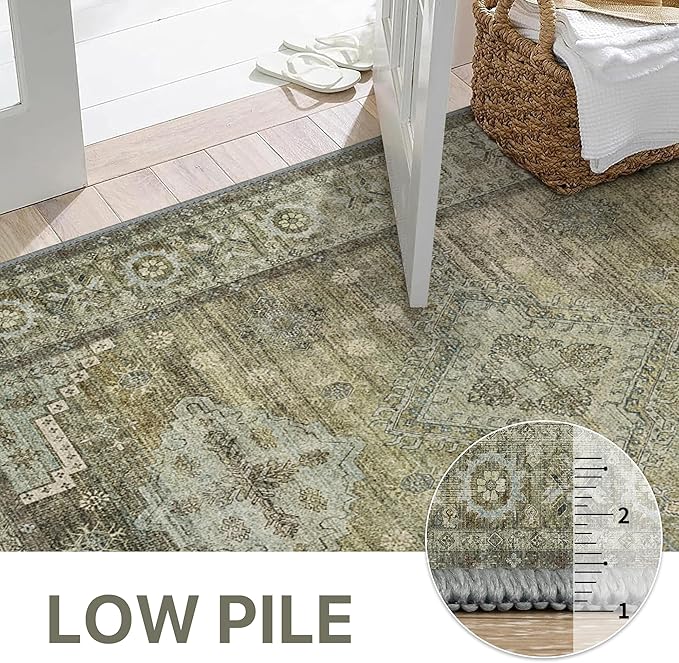 GENIMO Runner Rug 2x4 Non Slip Machine Washable Vintage Hallway Runner Rugs, Low Pile Lightweight Mat for Living Room, Entryway, Bedroom, Kitchen and Corridor, Distressed Sage