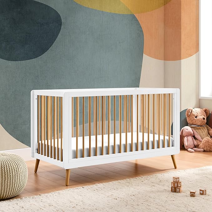 Tatum 3-in-1 Convertible Crib, White/Natural Finish, Solid Wood, Adjustable Mattress Height, Converts to Toddler Bed & Daybed, Fits Standard Full-Size Crib Mattress