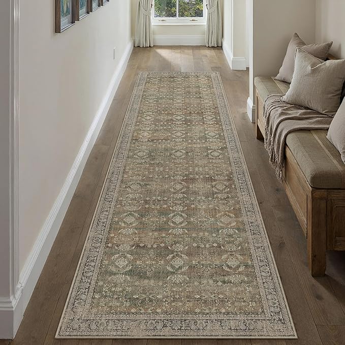 3x7 Brown Area Rug Runners for Hallways Washable Vintage Distressed Carpet Low Pile Non Slip Indoor Retro Soft Long Accent Rug Bedroom Kitchen Bathroom Laundry Dining Living Room