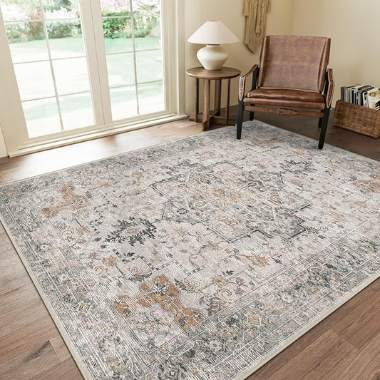GENIMO 7x10 Area Rugs for Living Room, Non Slip Machine Washable Vintage Rugs, Low Pile Lightweight Chenille Print Large Rug for Bedroom, Dining Room, Home Office, Light Taupe Brown